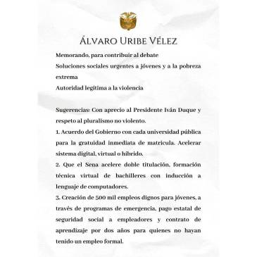 $!Primera parte de la carta de Uribe a Duque enviada esta tarde. FOTO: Cortesía