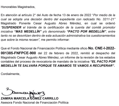 Facsímil que confirma la remisión del informe de cuentas de los revocadores.