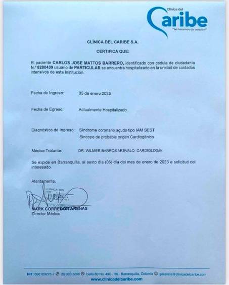 Este es el reporte médico del paciente Mattos. FOTO CORTESÍA 
