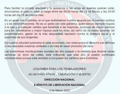 Este es el comunicado de la guerrilla.