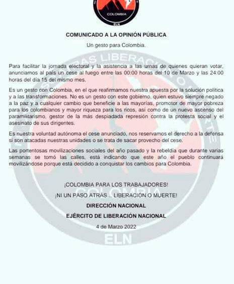 Este es el comunicado de la guerrilla. 