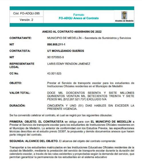 Contrato de la Alcaldía con la UT Movilizando Sueños.