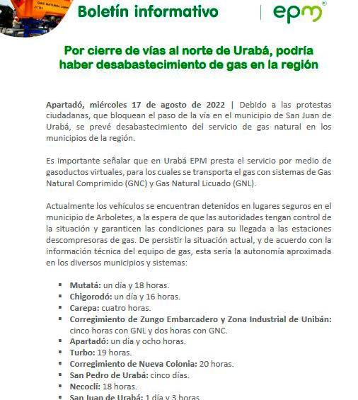 Municipios del Urabá estarían a horas de quedarse sin gas por bloqueo de manifestantes