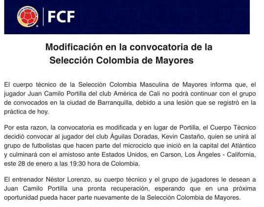 Camilo Portilla se lesionó y salió de la selección Colombia de Mayores. ¿Quién lo reemplazará? 