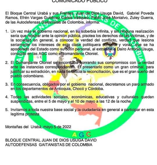 De acuerdo con la organización armada ilegal el paro estará vigente hasta el próximo martes 10 de mayo de 2022. FOTO: CORTESÍA.