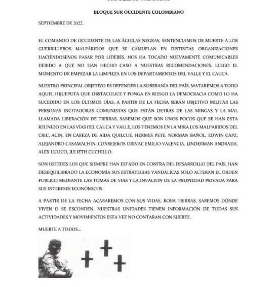 Panfleto amenazante a indígenas de las Águilas Negras