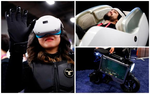 Gafas de realidad virtual y trajes hápticos, sillas de masajes para atención médica y bicicletas eléctricas plegables son algunas de las novedades del CES 2023. FOTOS EFE
