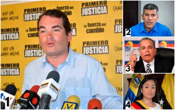 1. Tomás Guanipa, candidato en Caracas por Primero Justicia. 2. David Uzcategui, de Fuerza Vecinal en el estado Miranda. 3. Manuel Rosales, de Un Nuevo Tiempo del estado Zulia. 4. Laidy Gómez, gobernadora del estado Táchira. FOTOS CORTESÍA