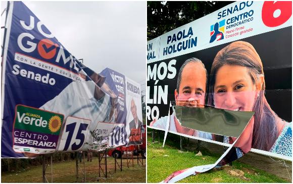 Propaganda política vandalizada este fin de semana en Medellín. FOTOS TOMADA DE TWITTER @JorgeGomezG_ y @Juan_EspinalR