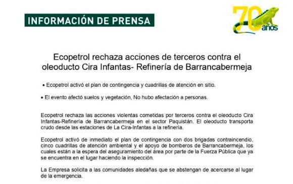 Fuerte explosión e incendio en oleoducto en Barrancabermeja