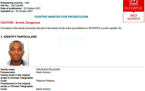 Esta es una de las circulares roja que pesa en contra del sargento (r) colombiano Mario Palacios Palacios, acusado de ser parte del comando que perpetró el magnicidio de Haití. FOTO Cortesía