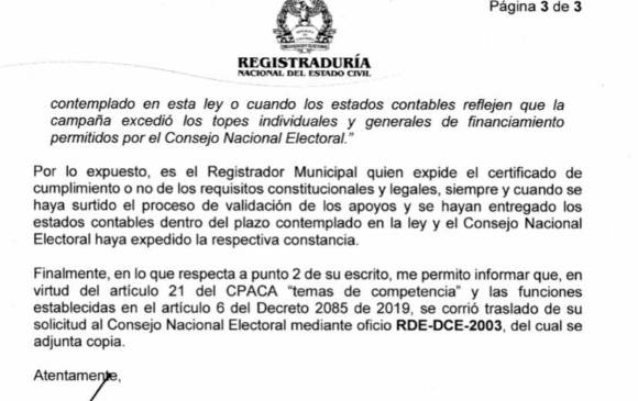 Facsímil del derecho de petición que respondió la Registraduría.