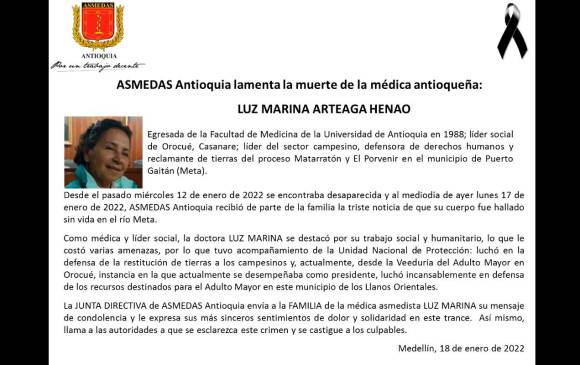 Asmedas lamentó desaparición y muerte de lideresa social de Casanare