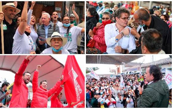 1. Álvaro Uribe recorrió Itagüí con sus candidatos Andrés Guerra y Rosa Acevedo. 2. Alejandro Gaviria hizo una serie de eventos en Bogotá. 3. Juan Manuel Galán habló en la plaza pública de Soacha donde mataron a su papá. 4. Federico Gutiérrez habló en plaza pública en Rionegro. FOTOS CORTESÍA
