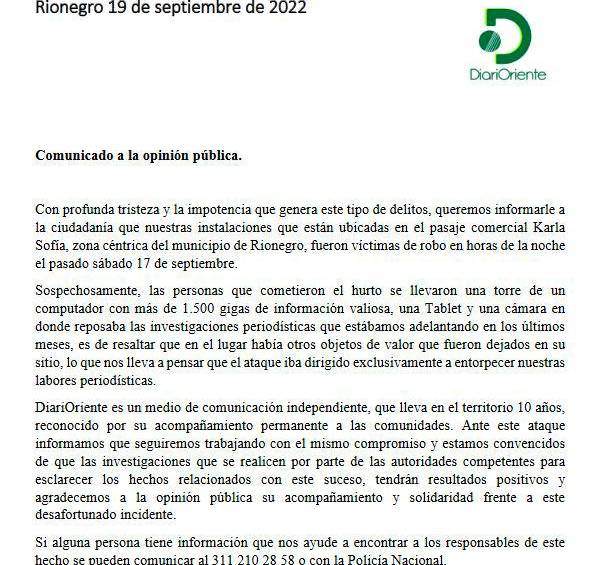 En Rionegro asaltaron la sede del medio regional Diarioriente