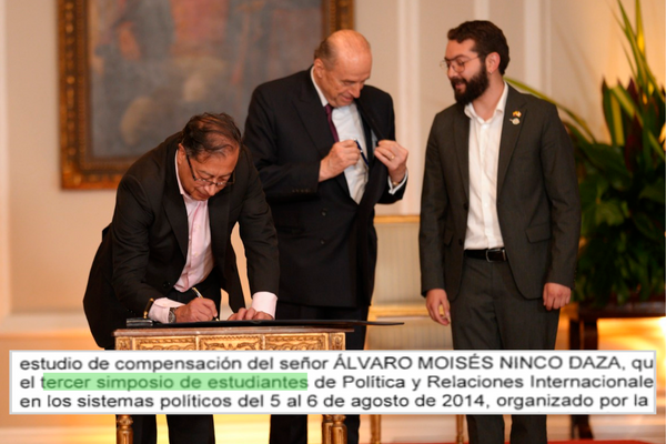 Petro (izquierda), acompañando de su ministro de Relaciones Exteriores, Álvaro Leyva (centro) y Ninco (derecha), que cursó una carrera en Política y Relaciones Internacionales en la U. Sergio Arboleda. Sin embargo, suspendió los estudios en noveno semestre, justo cuando los estudiantes se enfrentan a la tesis. FOTO: PRESIDENCIA