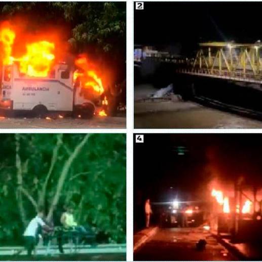 1. La quema de una ambulancia en el municipio de Caucasia 2. Acueducto de Tarazá sufrió desabastecimiento luego de aparecer un rumor de que sería afectado por el paro minero 3. Hombres juegan con una camilla de una ambulancia incinerada. 4. Peaje de Tarazá fue incendiado. <span class="mln_uppercase_mln">FOTOs</span> <b><span class="mln_uppercase_mln">Cortesía</span></b>