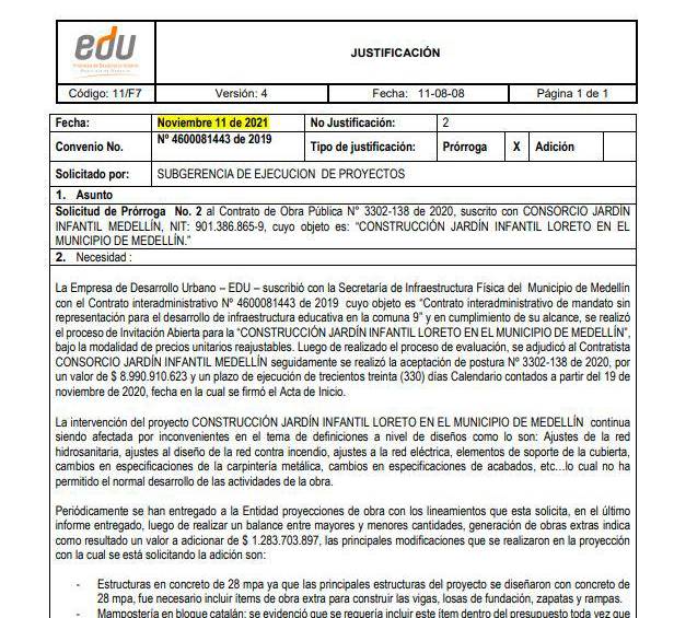 Justificación de una de las ampliaciones de contrato.