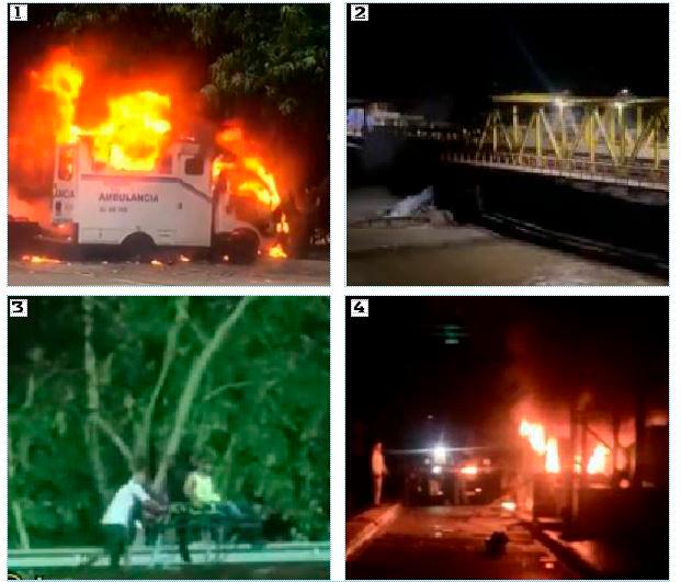 1. La quema de una ambulancia en el municipio de Caucasia 2. Acueducto de Tarazá sufrió desabastecimiento luego de aparecer un rumor de que sería afectado por el paro minero 3. Hombres juegan con una camilla de una ambulancia incinerada. 4. Peaje de Tarazá fue incendiado. FOTOs Cortesía