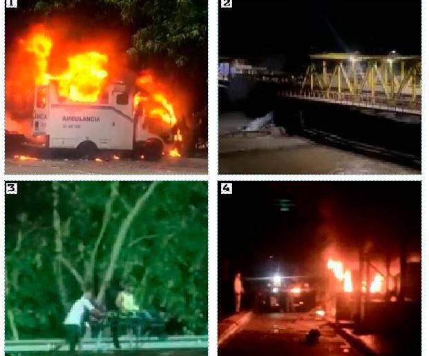 1. La quema de una ambulancia en el municipio de Caucasia 2. Acueducto de Tarazá sufrió desabastecimiento luego de aparecer un rumor de que sería afectado por el paro minero 3. Hombres juegan con una camilla de una ambulancia incinerada. 4. Peaje de Tarazá fue incendiado. FOTOs Cortesía