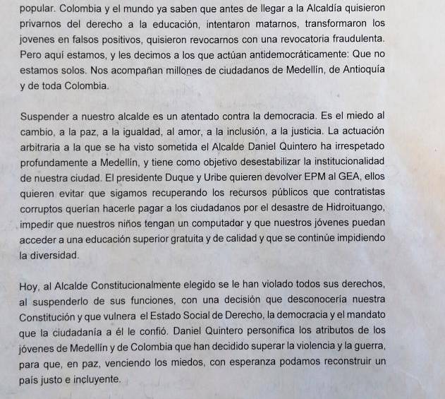 Gabinete de Quintero dice que no renuncia y no acatará órdenes que vayan contra el plan de desarrollo