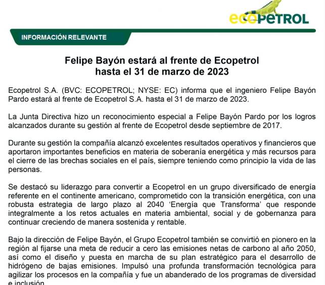 Felipe Bayón saldrá de Ecopetrol por pedir continuidad de contratos