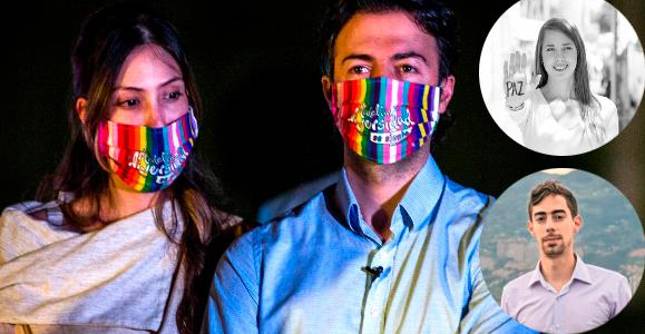 En la imagen central, Diana Osorio, gestora social, y Daniel Quintero, alcalde de Medellín. En los círculos, los hermanos Upegui Vanegas Laura y Juan Carlos, primos de Diana. Laura los acompaña desde hace varios años. FOTO julio césar herrera y cortesía