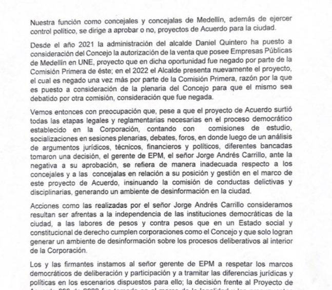 Concejales pidieron al gerente de EPM que deje de atacarlos ante negativa de venta de UNE