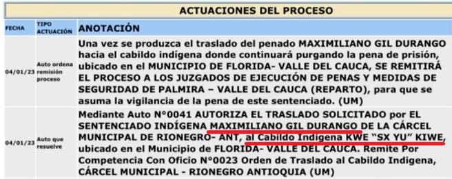 Extracto del registro de la rama judicial, en el que consta la petición de alias “Tombito”, de “los Triana”. FOTO: CORTESÍA.