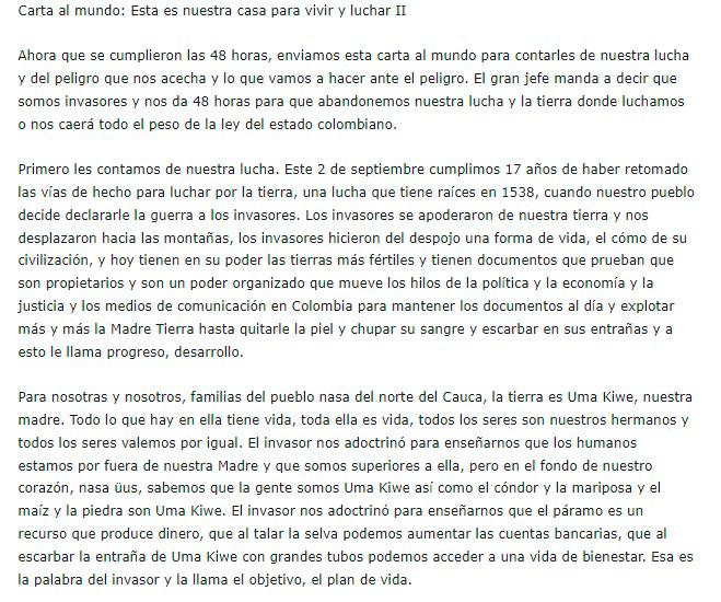 Carta del CRIC donde dice que no saldrán de las fincas. 