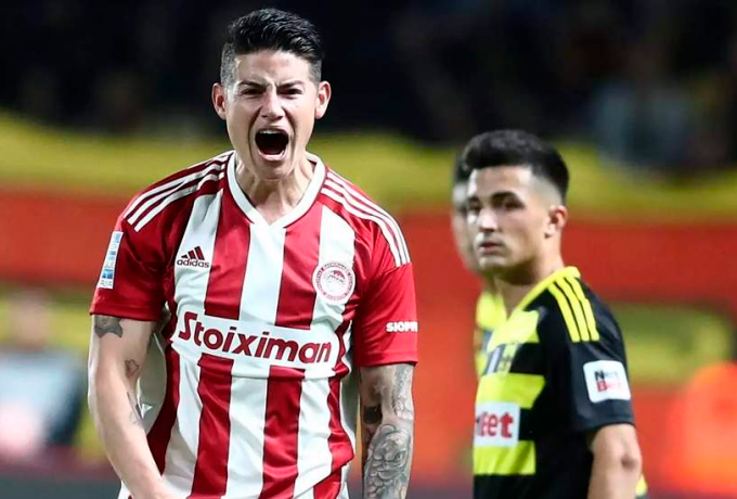 James espera poder celebrar una nueva victoria este domingo con el Olympiacos. FOTO @olympiacosfc