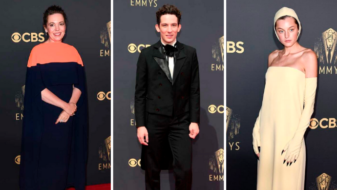 El elenco de The Crown: Olivia Colman, Josh O’Connor y Emma Corrin. Fotos: Cortesía E! ENTERTAINMENT @EONLINELATINO
