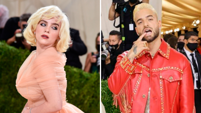 Billie Eilish en un traje Oscar de la Renta y peinado y maquillaje muy al estilo Marilyn Monroe. FOTO Cortesía E! Entertainment @EOnlineLatino