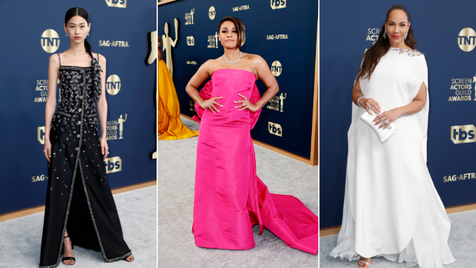 HoYeon Jung (El Juego del Calamar), Ariana DeBose (Amor sin barreras) y Amanda Brugel (El cuento de la criada) antes de la gala. FOTOS Efe y Getty