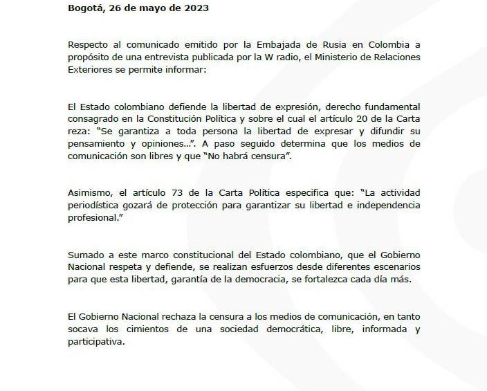 Rechazo generalizado por amenazante comunicado de la Embajada rusa sobre labor periodística en Colombia 