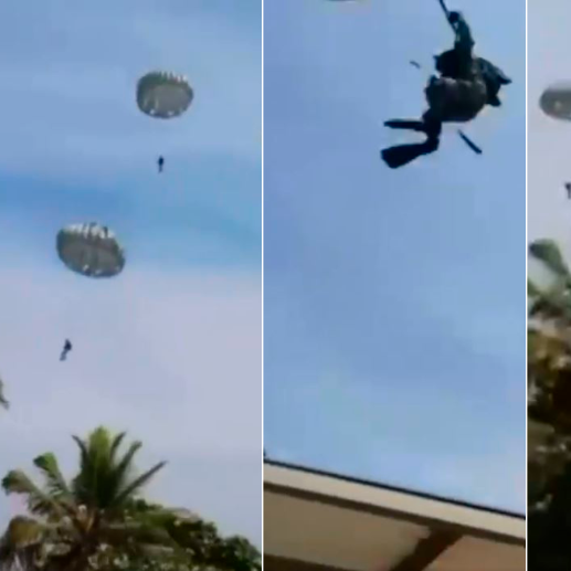 La Fuerza Aérea de talló que los cuatro paracaidistas estaban realizando actividades de entrenamiento militar pero fueron arrastrados por fuertes ráfagas de viento. FOTO CAPTURA DE VIDEO 