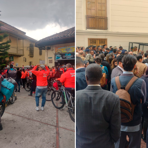Domiciliarios de la plataforma Rappi salieron a las calles de Bogotá a manifestarse este martes contra la reforma laboral y arribaron al Congreso. FOTO TWITTER @JAMPIERMENESES_