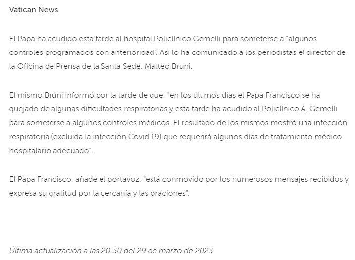 Hospitalizan al Papa Francisco y revive fantasma de su renuncia
