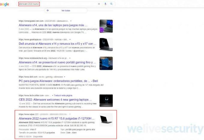 Así aparece en los motores de búsqueda de Google. FOTO Cortesía Eset