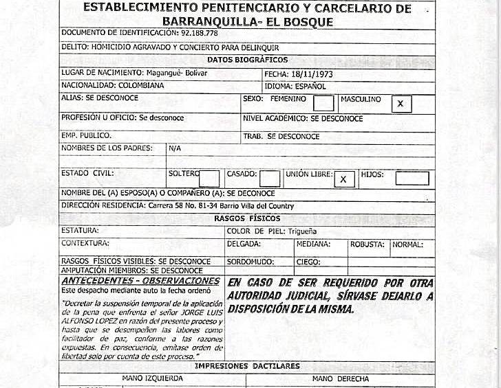 Boleta de salida de Jorge Luis Alfonso López, hijo de alias La Gata. 
