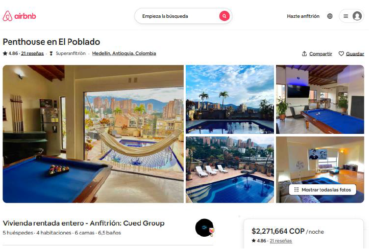 Así se ofrecía el penthouse en el Poblado por un valor de $2.2 millones la noche. 