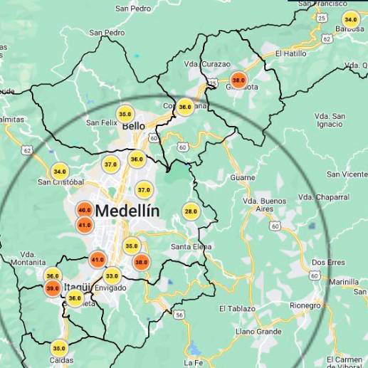 Seis estaciones de medición de calidad del aire se encuentran en color naranja este lunes. FOTO Siata