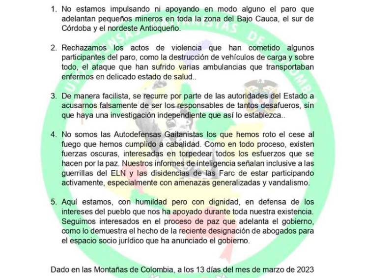 “No estamos impulsando ni apoyando el paro”: Clan del Golfo da explicaciones al gobierno