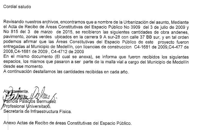Documento donde la municipalidad indica que las zonas verdes de la unidad Atavanza, donde ocurrieron los deslizamientos, serían su responsabilidad. FOTO: Cortesía