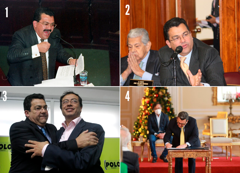 1. Jaime Dussán aprovechó su reconocimiento en el magisterio para llegar al escenario político a finales de los años ochenta. 2. Tras ser elegido diputado por el Huila, Dussán estuvo en el Congreso entre 1998 y 2010. 3. En 2009 aseguró que era imparcial en la consulta del PDA para elegir candidato presidencial, pero era más cercano a Gaviria que a Petro. 4. El 2 de diciembre, Petro posesionó a Dussán como presidente de Colpensiones. FOTO COLPRENSA