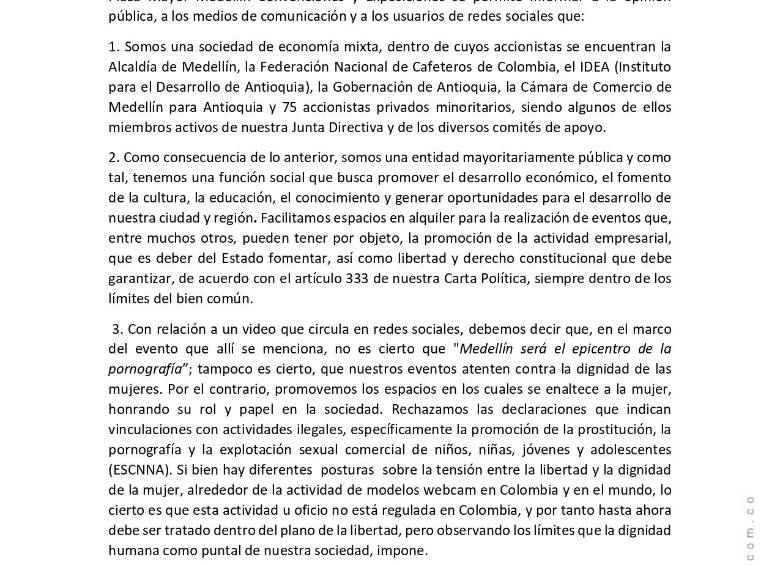 Comunicado de Plaza Mayor. Foto: Redes sociales