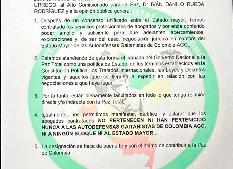 Clan del Golfo pide “negociación jurídica” para sumarse a paz total de Petro