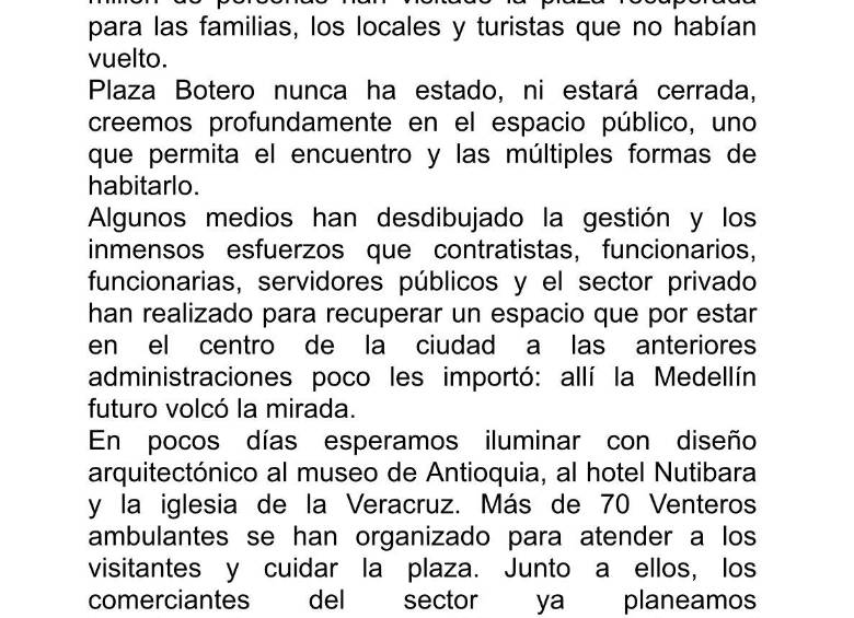 Carta del alcalde Quintero al maestro Botero