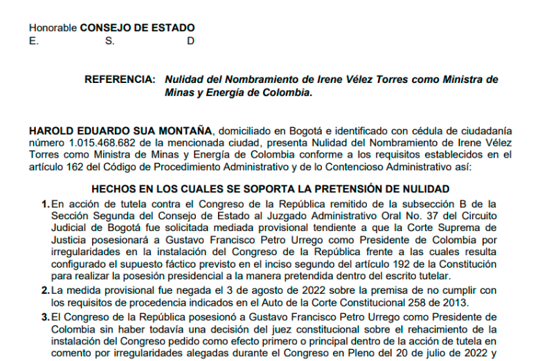 Documento que soporta la demanda contra Irene Vélez