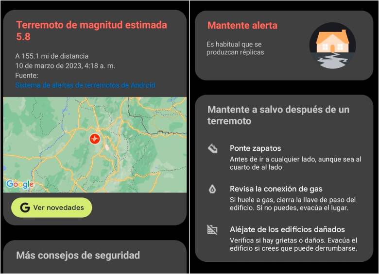 Esta es la información que llega con la alerta de terremoto de Google. FOTO: CAPTURA DE ALERTA GOOGLE